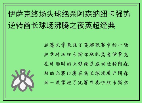 伊萨克终场头球绝杀阿森纳纽卡强势逆转酋长球场沸腾之夜英超经典 伊萨克终场头球绝杀阿森纳纽卡强势逆转酋长球场沸腾之夜英超经典